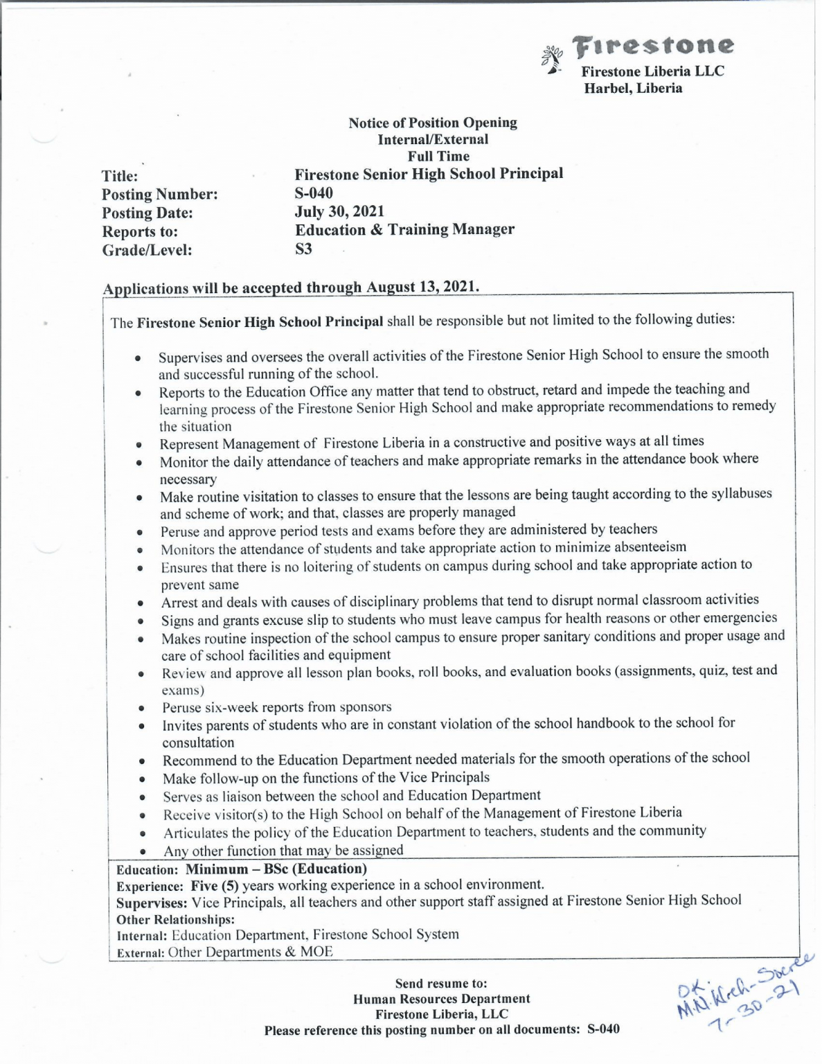 Firestone Senior High School Principal Job posted at Liberia HR Jobs